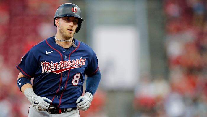 Minnesota Twins catcher Mitch Garver (8) runs the bases on a three-run go-ahead home run in the fifth inning of the MLB Interleague game between the Cincinnati Reds and the Minnesota Twins at Great American Ball Park in downtown Cincinnati on Tuesday, Aug. 3, 2021. Minnesota Twins At Cincinnati Reds
